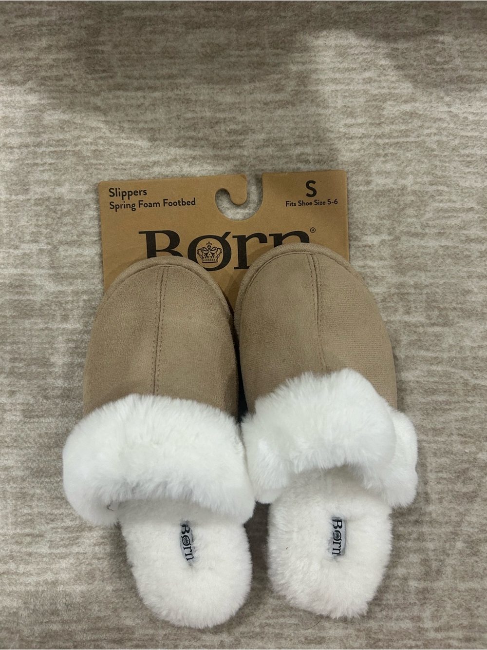 Born Taupe Faux-Suede Slip-On Slippers with White Shearling Collar